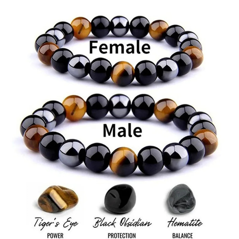 Mens Jewellery Bracelet for Men Tiger Eye Triple Protection Hematite and Black Obsidian Stone Beaded Couple Bracelet Pulseras