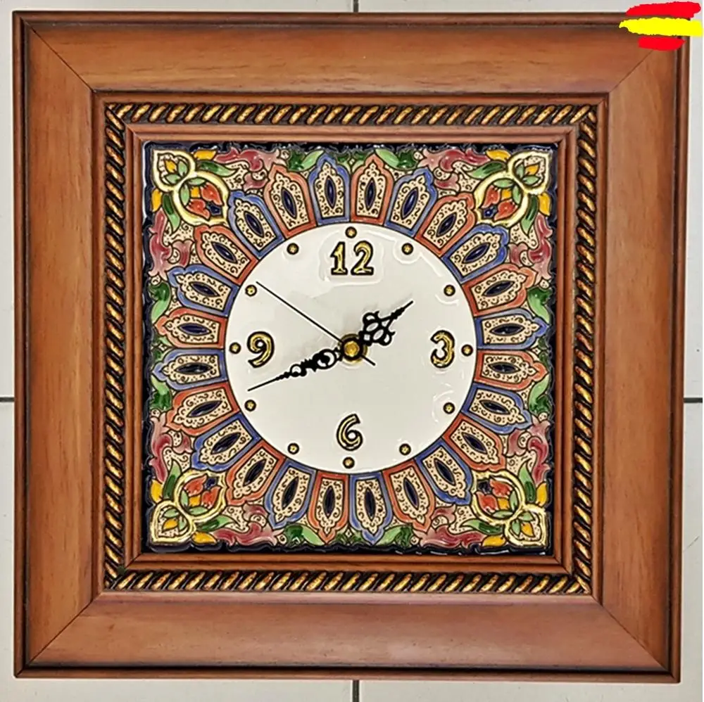 Wall Clock Framed's wooden 30 cm/12 inch - Ceramics Spanish - enameled up handmade - gold 24 k - Home and decoration