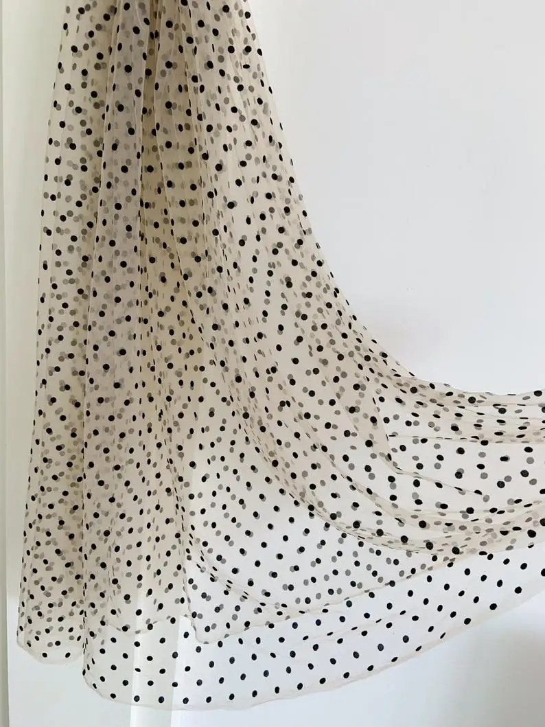 Ivory Cream Tulle Lace Fabric With Black Polka Cots Tulle Mesh Fabric With Velvet Dot New Arrival