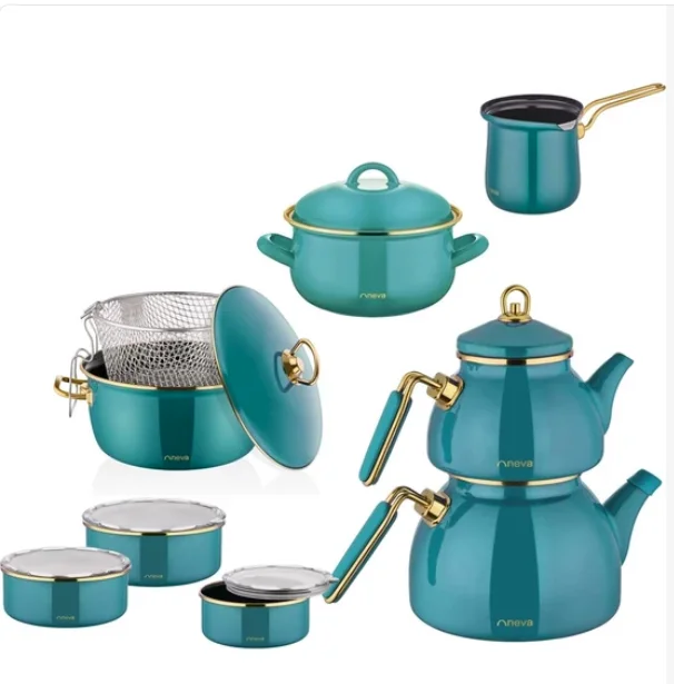 Neva Menthol Enamel Kombinim Set 15 piece Cookware Set health kitchen food container plate color pan soup rice large pizza cake