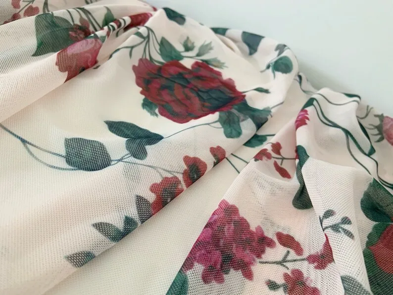 Printed 4 Way Stretchy Mesh Fabric With Red Roses, Ivory Power Mesh Fabric For Dress Elastic Mesh Fabric With Printed Flowers