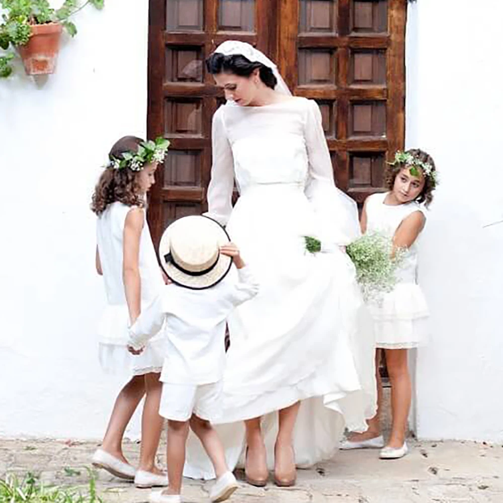 Vestido de novia de gasa con Espalda descubierta, traje de novia de corte A, con mangas largas hinchadas, encaje, talla grande, cuello de murciélago, marfil