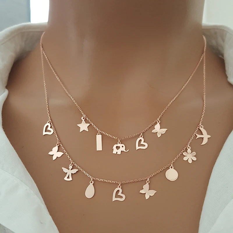 Good Luck Layer Necklace Angel Love Elephant Star Disc Name Plate Necklace Layer Necklace