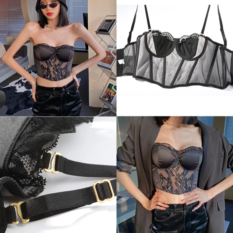 French Silk Bralette Sexy Lace Thin Cup Push Up Bra Set Women Detachable Strap Underwear Bone Widen Body Shaper Intimates