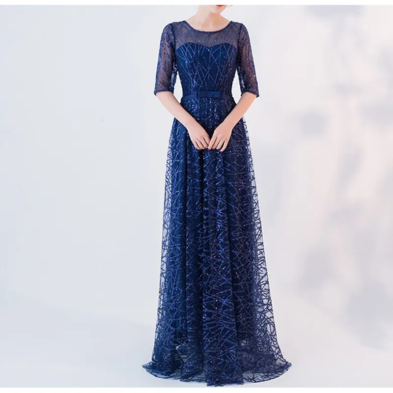 Light Champagne/Navy Blue Long Evening Dresses Tulle with Sequins Half Sleeves Long Mother of the Bride Dresses