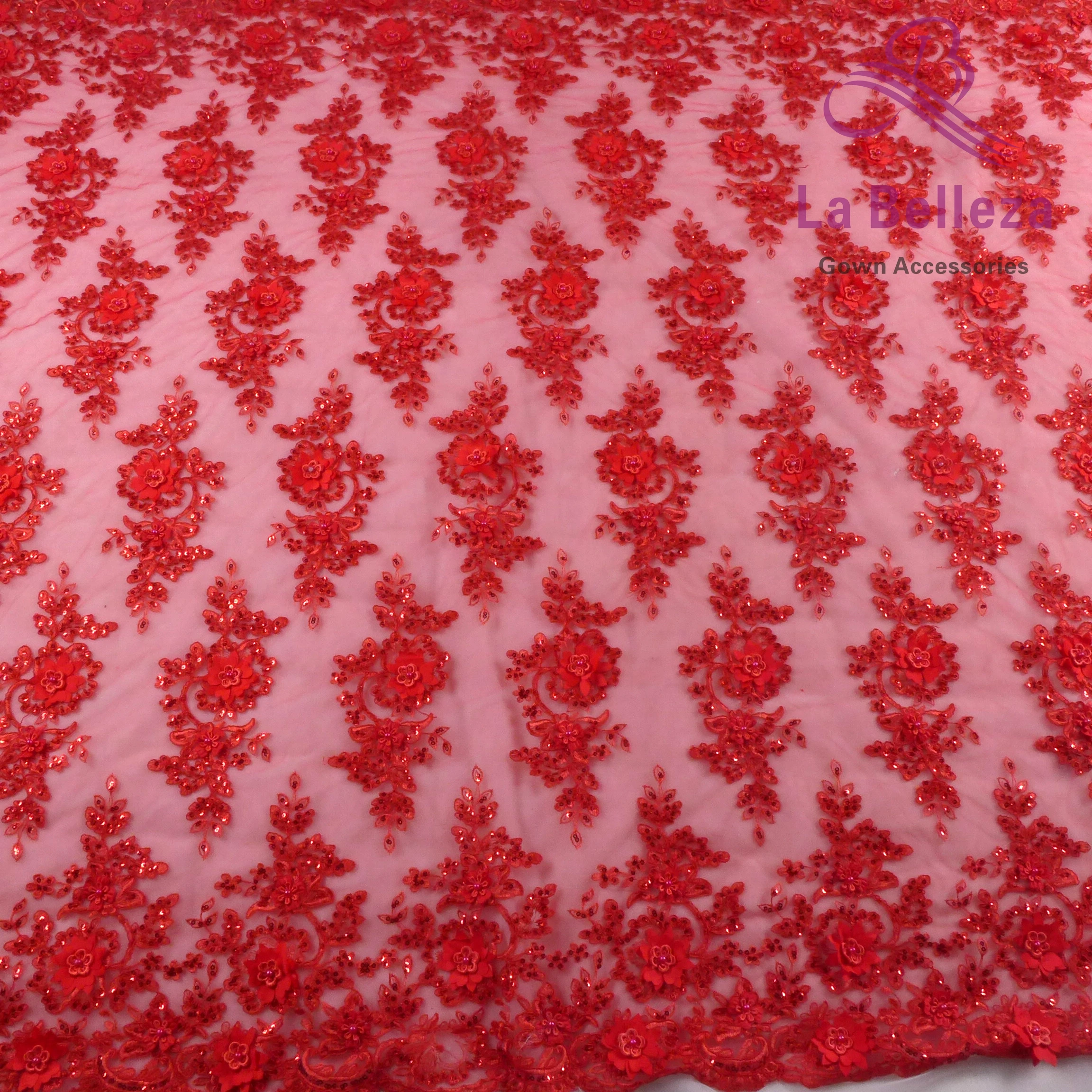 La Belleza handmade BLue,red 3D flowers/beaded wedding/evening dress lace fabric 49\'\' width 1 yard