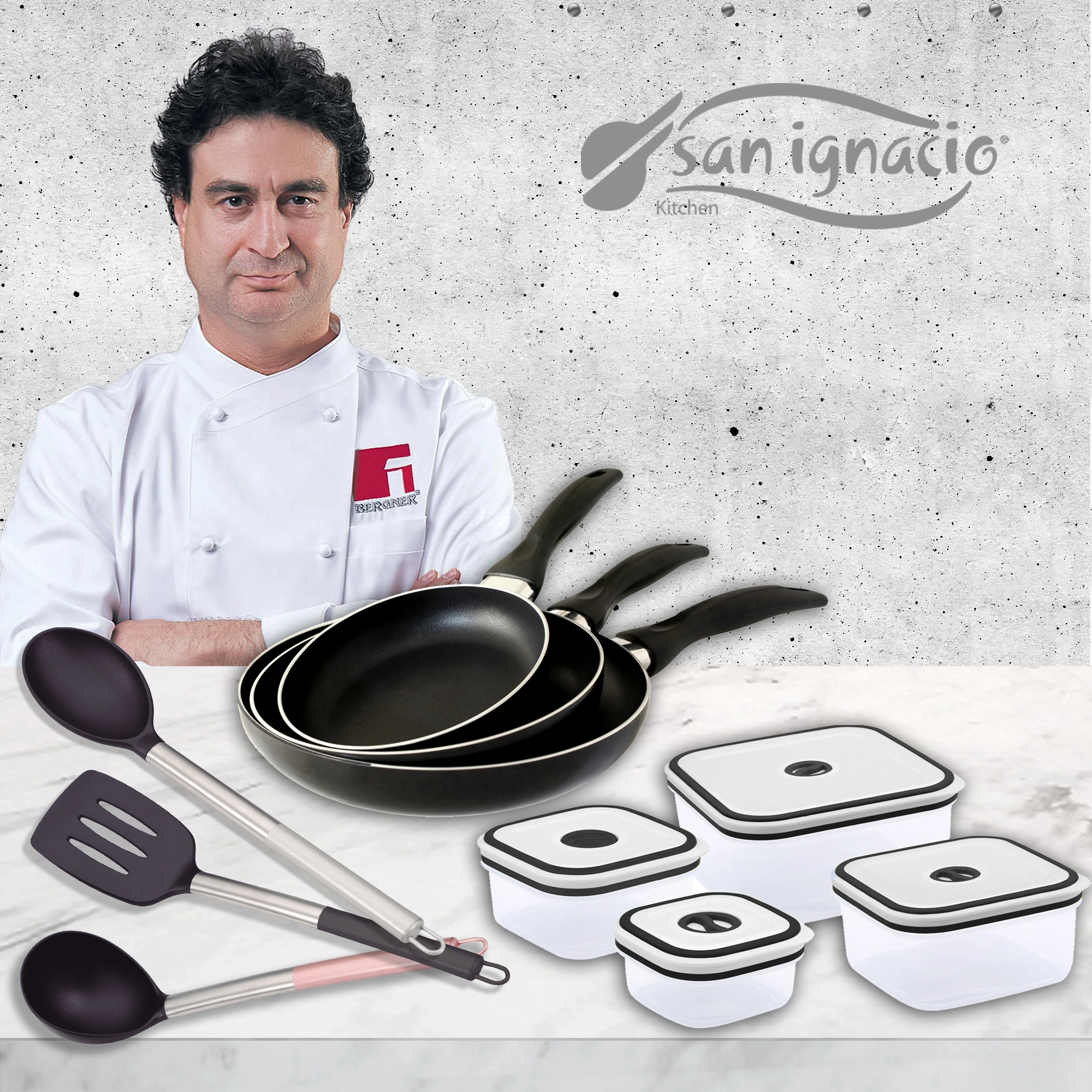 Set of pans (16,20,24cm) in pressed aluminium with fiambreras and kitchen utensils SAN IGNACIO coleccion Navy black