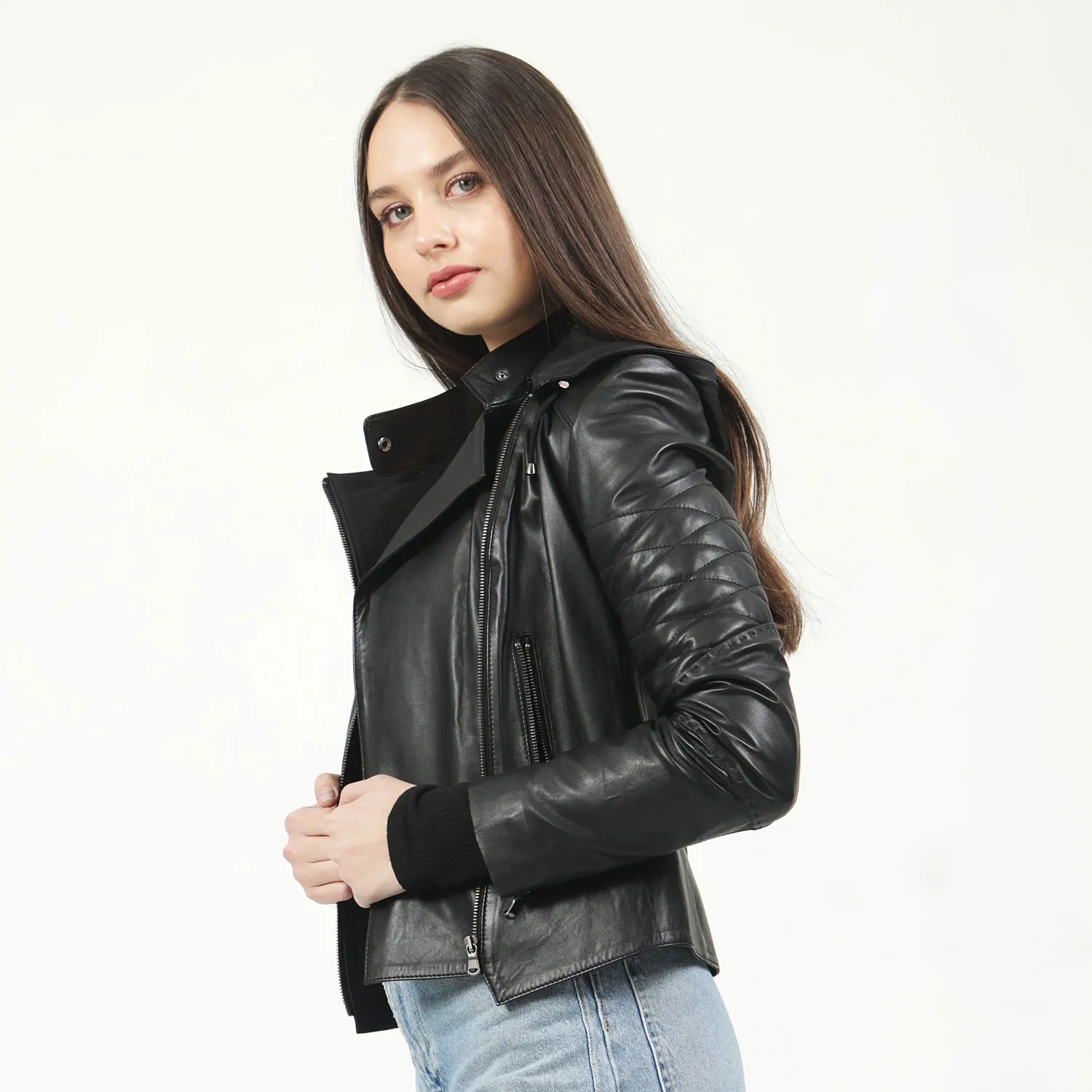 ผู้หญิงอินเทรนด์ของแท้ Sheepskin หนัง Biker Jacket Hooded High Street แฟชั่นฤดูใบไม้ร่วงและแฟชั่นฤดูใบไม้ผลิเสื้อผ้า