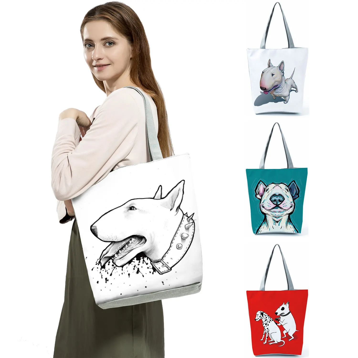 Color Painting Funny Bull Terrier Dog Print Shopping Bags Tote Women Ladies Casual Handbags Animal School Traveling Shoulder Bag