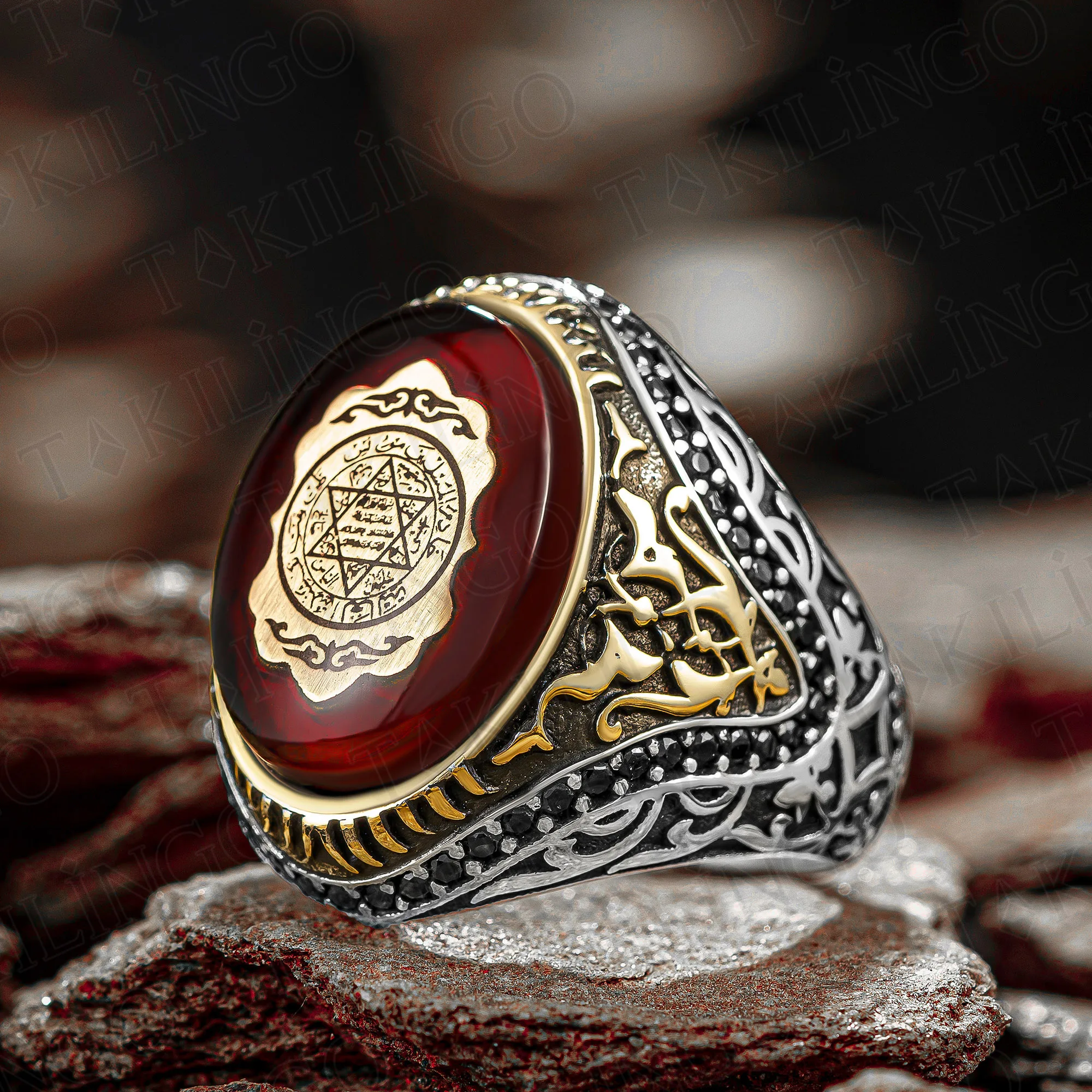 Elegant Design Solid 925 Sterling Silver Seal Of Prophet Solomon On Amber Stone Men's Ring With Zirconia Jewelry Gift For Him