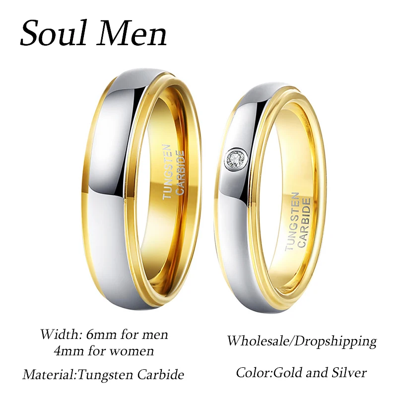 

Customize Gold & Silver Color Tungsten Carbide Wedding Engagement Ring Set 6mm for Men 4mm for Women with CZ Stone