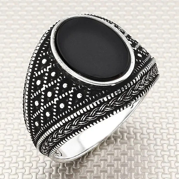 

Classic Silver Ring Braided Dotted Pattern Onyx Agate Stone Ring For Men Solid 925 Sterling Silver Jewelery Biker Gift Him