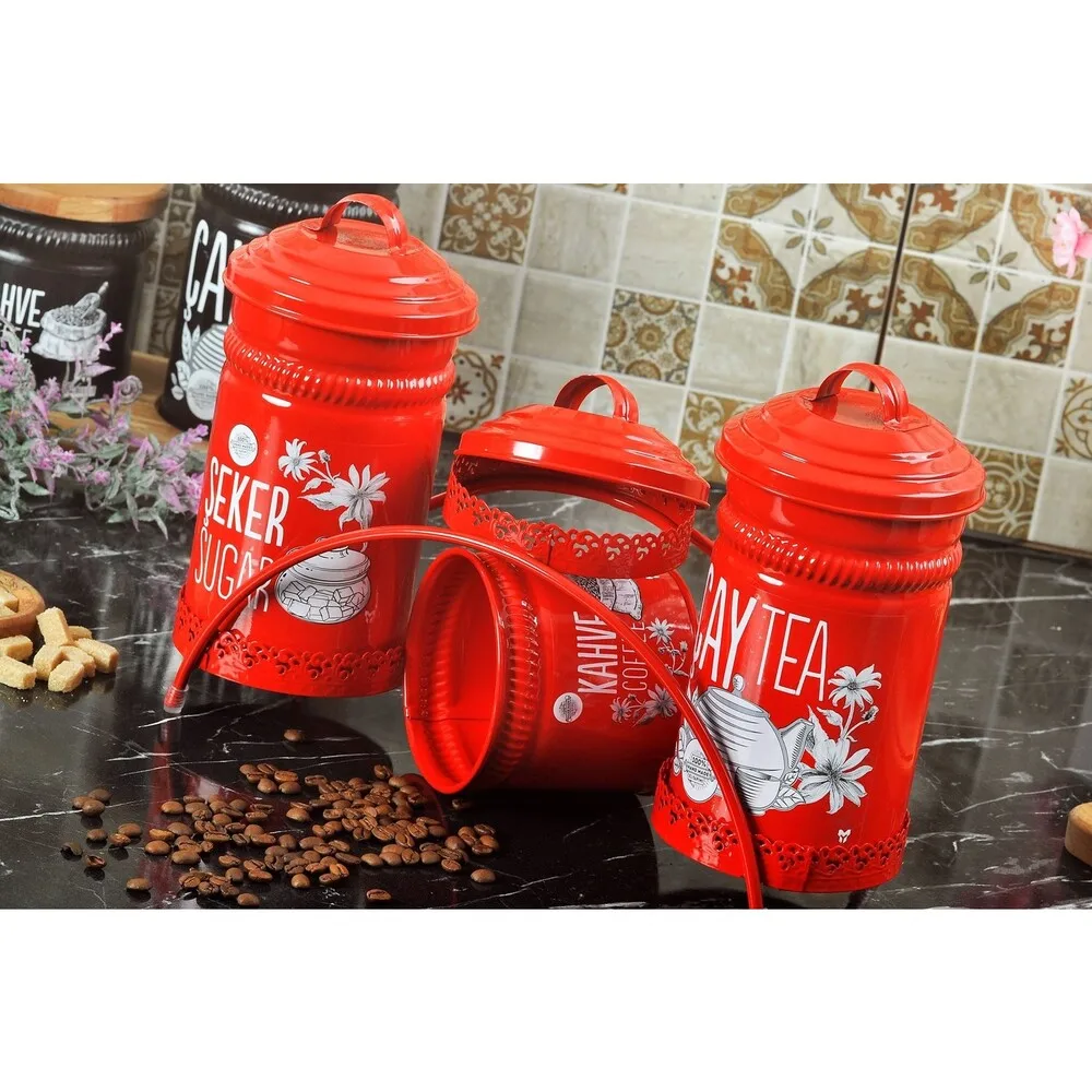 3 Pcs. Tea Sugar Coffee Storage Container With Metal Wrought Iron Stand Decorative Tea Sugar Coffee Container Storage Box