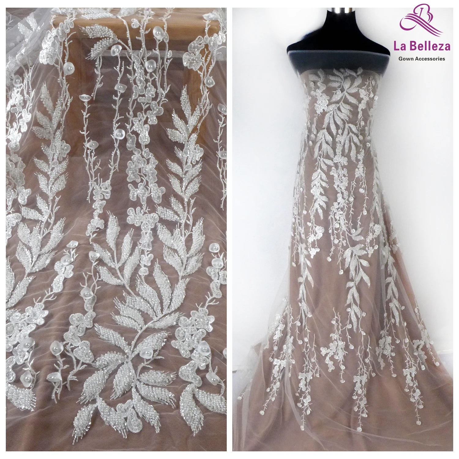 La Belleza New fashion design,handmade beading lace, leaves flowers beading lace fabric,wedding dress lace fabric 1 yard