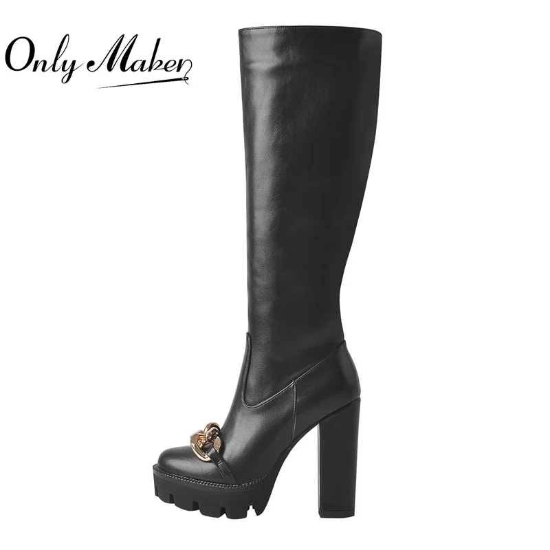 Onlymaker buty na wysokim obcasie kolana wysokie buty metalowa platforma łańcuszek matowa czarna strona zamek długie buty duże rozmiary