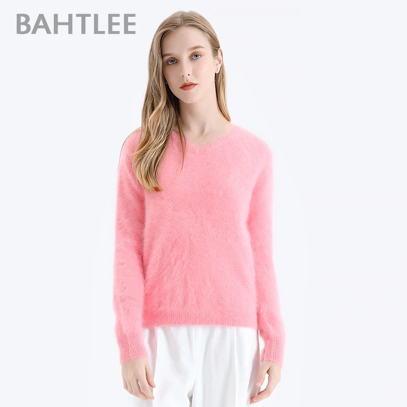 BAHTLEE-Women\'s Angora Wool Knitted Jumper, Long Sleeves, V-Neck Suit, Basic Style Pullovers, Pure Color, Autumn, Winter