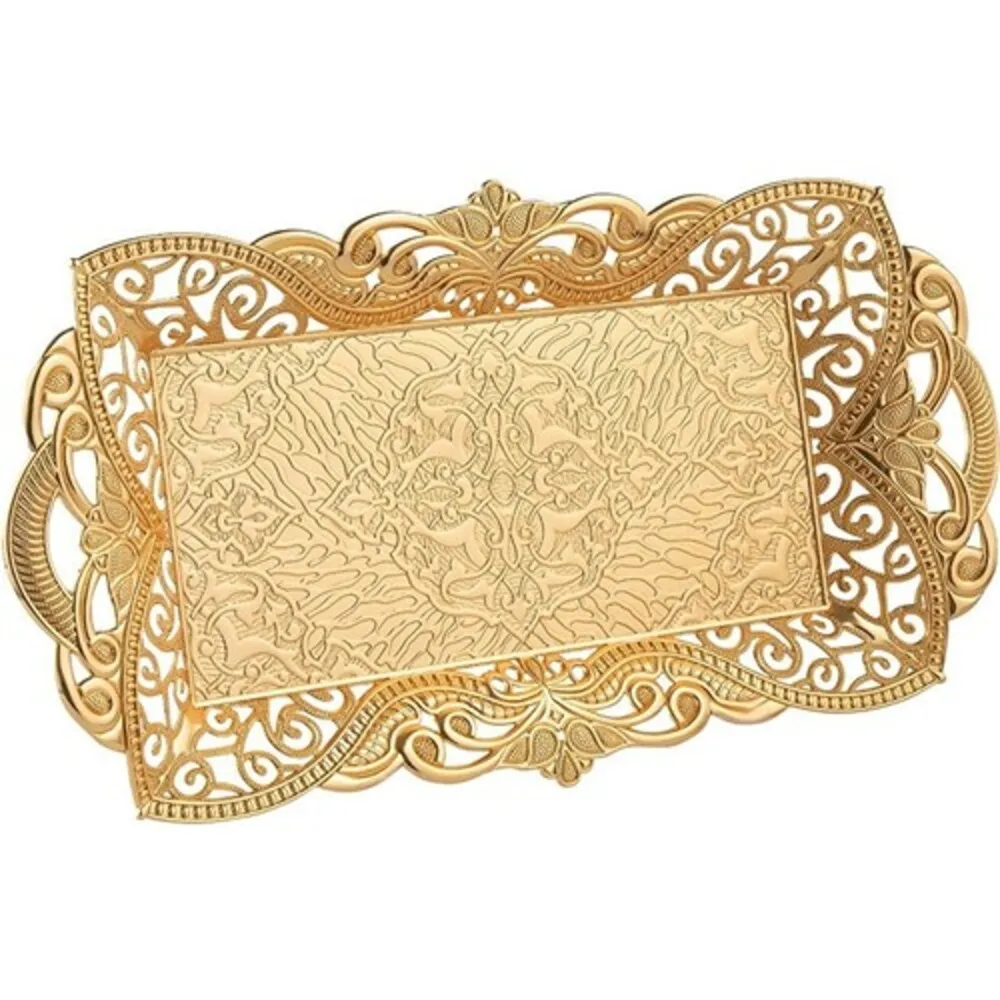 Embroidered Patterned Rectangle Gold 2 Person Tray Tray Handcrafted Design Lace Pattern Tray 6 Person Silver GOLD Tray 40x22 cm