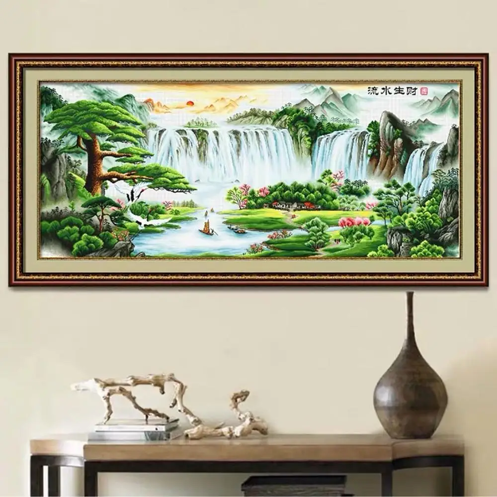 Oriental Asian Art Mountain Landscape Painting The Boats on the River Stamped Cross Stitch Kit Embroidery needlework set