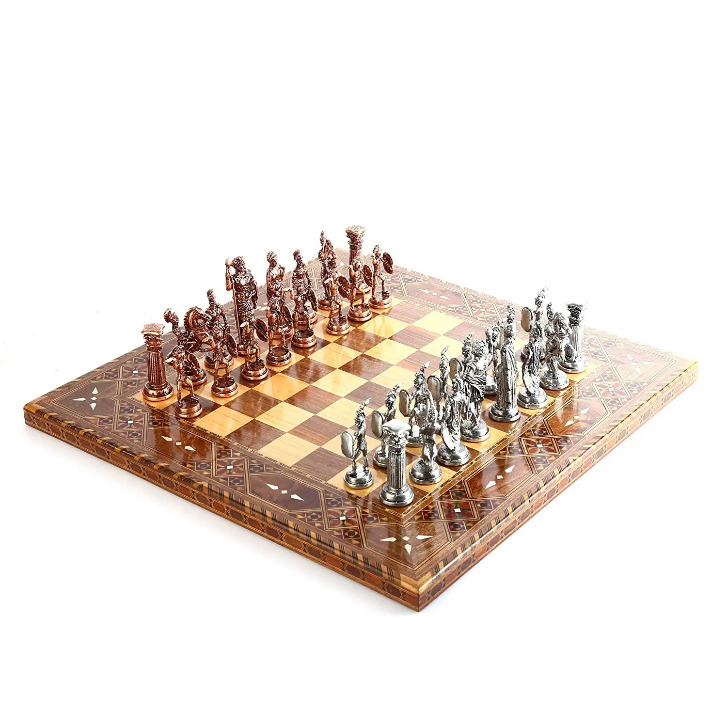 Antique Copper Rome Figures Metal Chess Set,Handmade Pieces,Natural Solid Wooden Chess Board with Original Pearl,King 10 cm