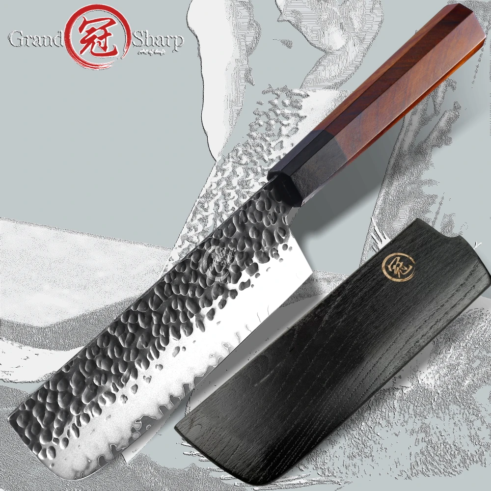 Grandsharp 6.7 Inch Nakiri Knife Hand Forged Kitchen Knives Japanese AUS10 3-Layer Steel Wood Handle Chef Knife Kuro-uchi Finish