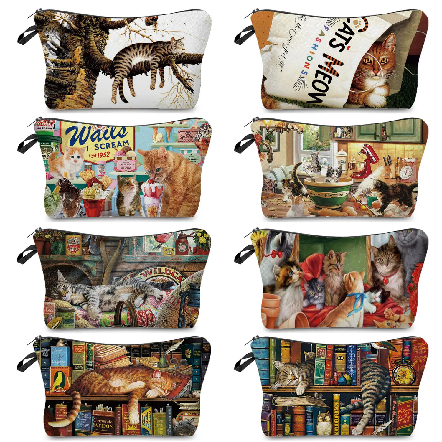 

Oil Painting Cat Printed Makeup Bag Retro Fashion Cosmetic Bags Hot Sale Women's Bag High Quality Pencil Cases Portable Gift Bag