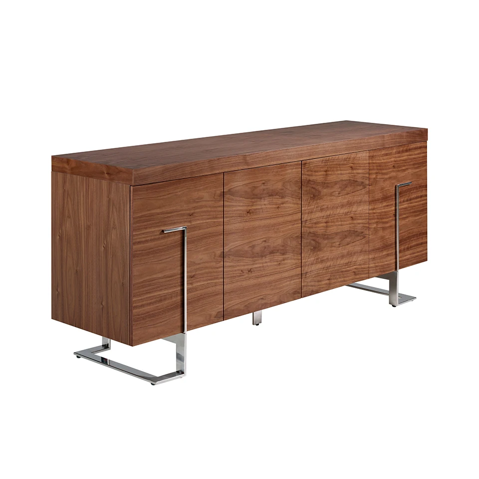 3221 sideboard Angel Cerdá-natural walnut veneer with two cupboards push-pull opening and closing. Chrome steel details and legs