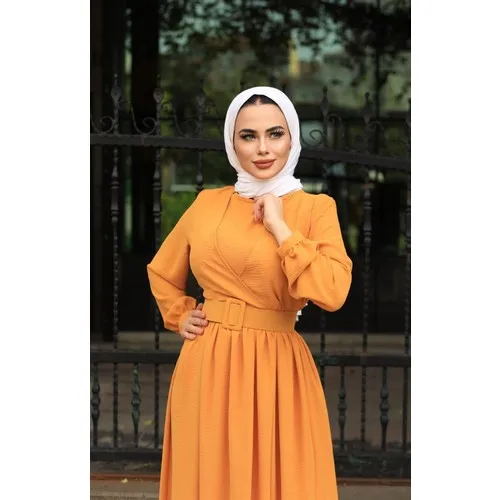 Elbi̇ca Aerobin Arched Dress Mustard 552 ABAYA ISLAMIC MUSLIM WOMENS LADIES CLOTHING LONG SCARF HIJAB ARAB DUBAI OMAN QATAR TURKIYE