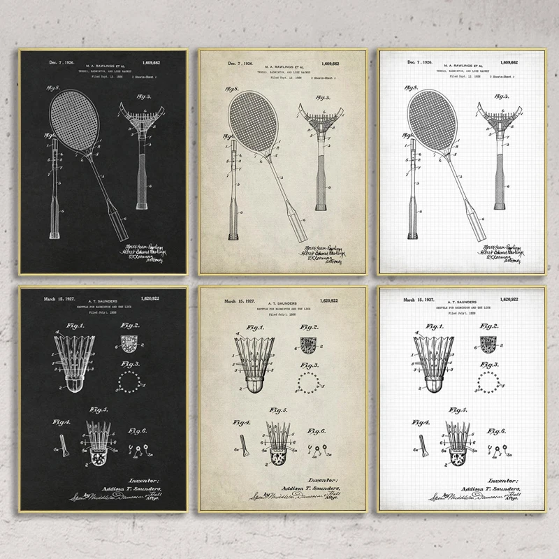 Badminton Vintage Patents Prints Badminton Shuttle Poster Badminton Racket Canvas Painting Sports Wall Art Picture Decoration