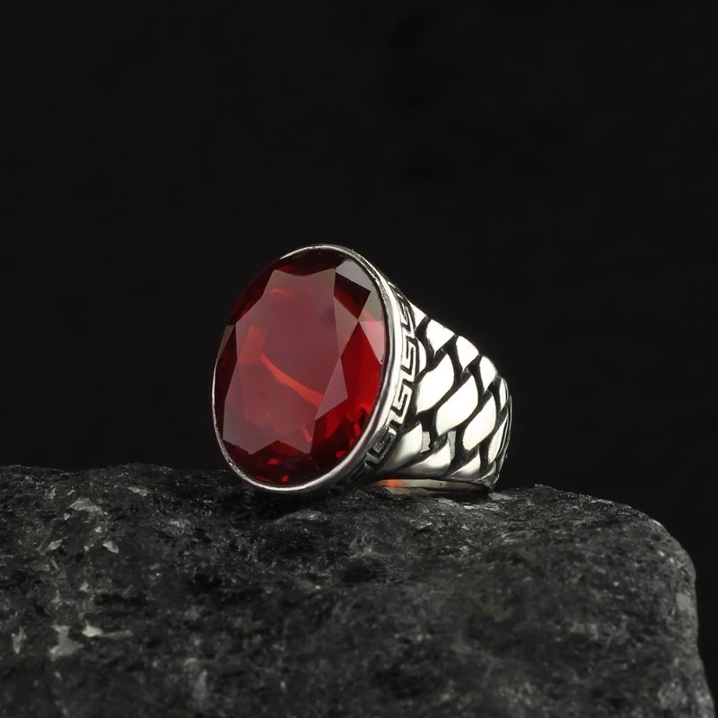 Men's Crystal Cut Red Zircon Stone 925 Sterling Silver Ring Special Design Accessory Products Gift Items Free Shipping