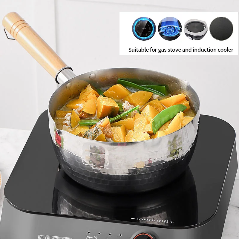 

Japanese Saucepan Yukihira Pots Non-Stick Stainless Steel Milk Soup Pot With Lid Kitchen Cooking Pan With Wooden Handle Cookware