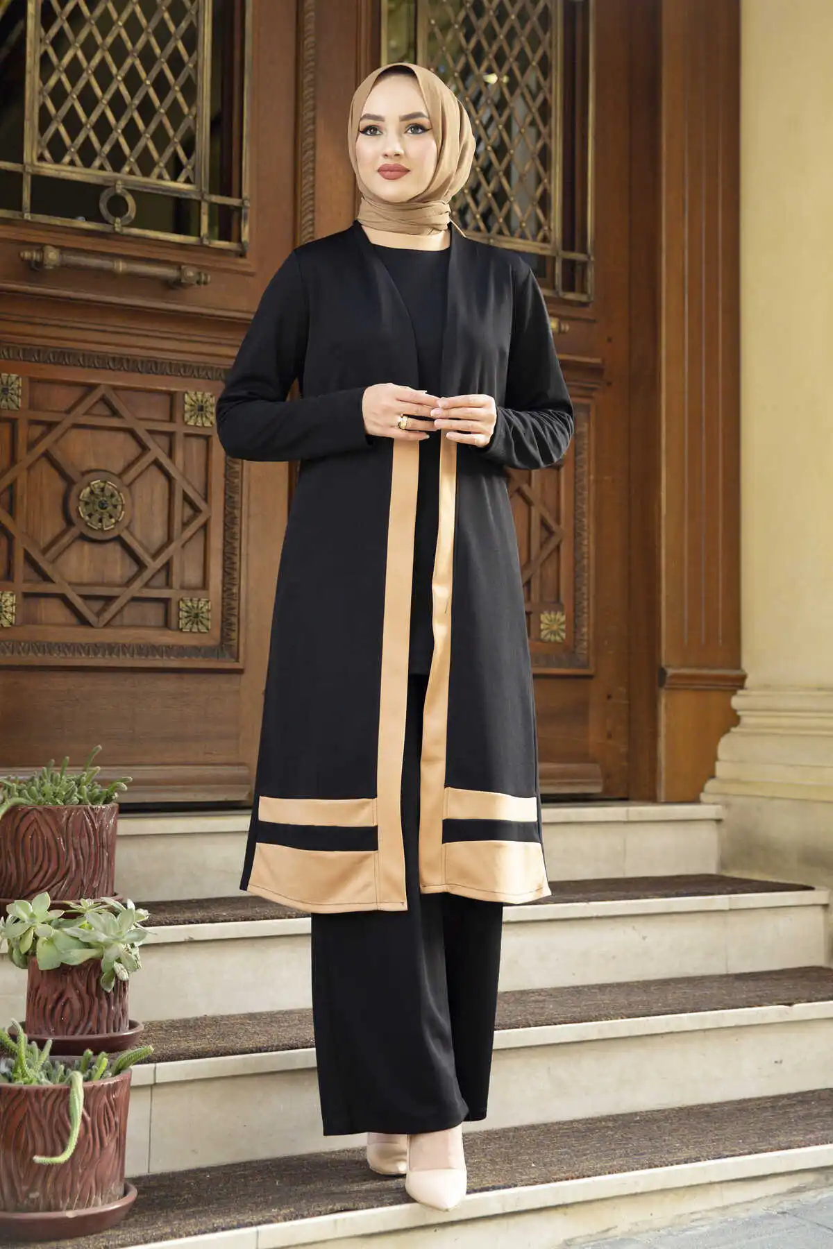 Stripe Detailed Triple Hijab Set Front Button Detailed Casual Hijab Suit Dress Muslim Fashion Dress Abayas For Women Dubai Abaya