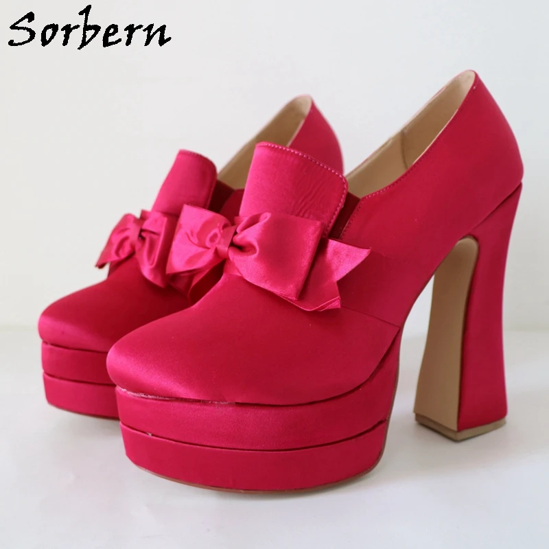 

Sorbern Fuchsia Satin Women Pump Shoes Block High Heel Platform Shoe Bowknot Slip On 15Cm Chunky Heel Custom Color Size Eu33-48