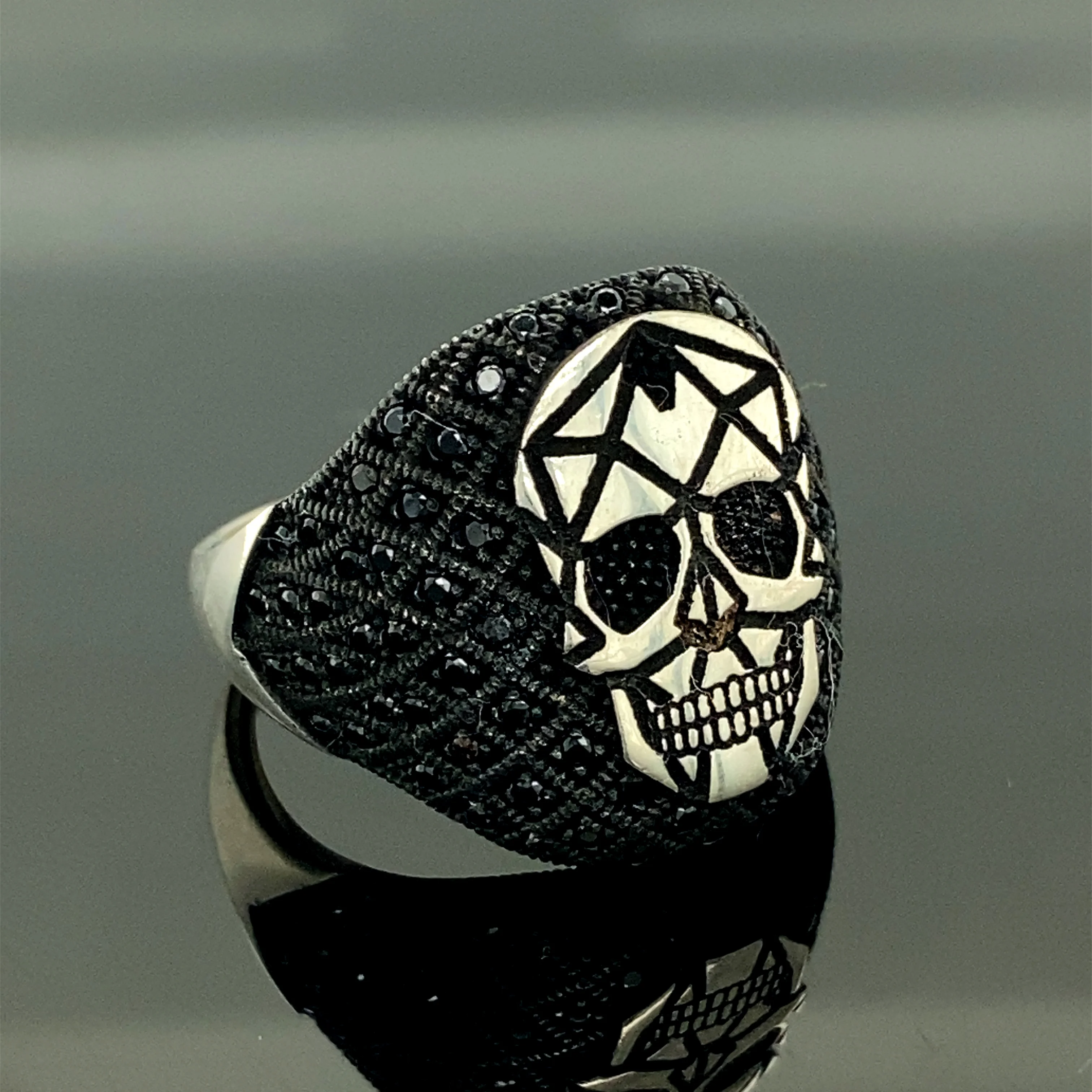 Skull Ring, Silver Men Ring, Black Stone Handmade Ring