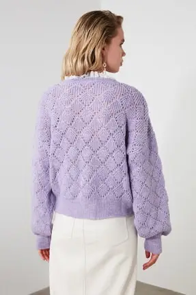 Pull en tricot ajouré avec détail en dentelle pour femme, vêtement élégant en Organza, Perspective