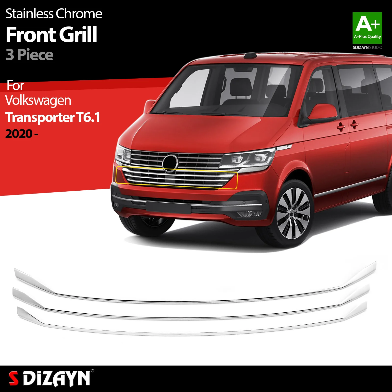 S Dizayn For Volkswagen Transporter T6 Facelift Chrome Front Grill Stainless Steel 3 Pcs VW Exterior Car Accessories Auto Parts