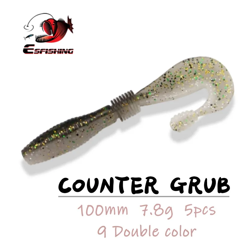 ESFISHING Counter Grub 5pcs 100mm Sigle Tail Grub Soft Artificial Silicone Baits Pesca Fishing Lures For all Fish Double Colors