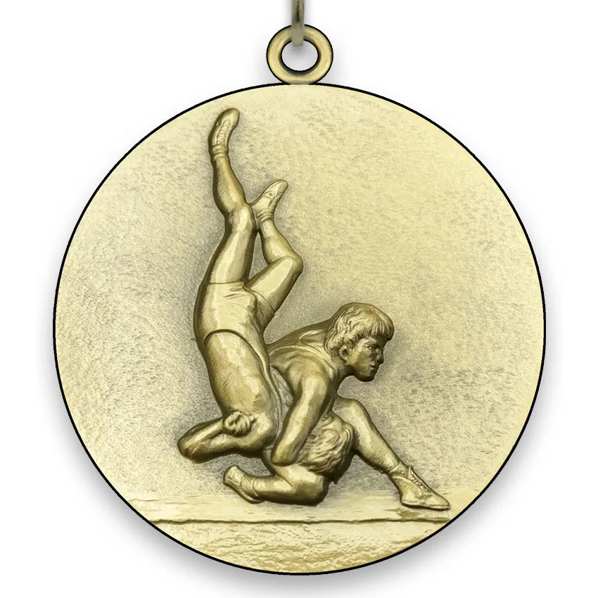 Large Metal Wrestling Medal - Gold - 6,4 cm - with Neck Ribbon size 2,2cm x 80 cm - Choice of Ribbon Colours.