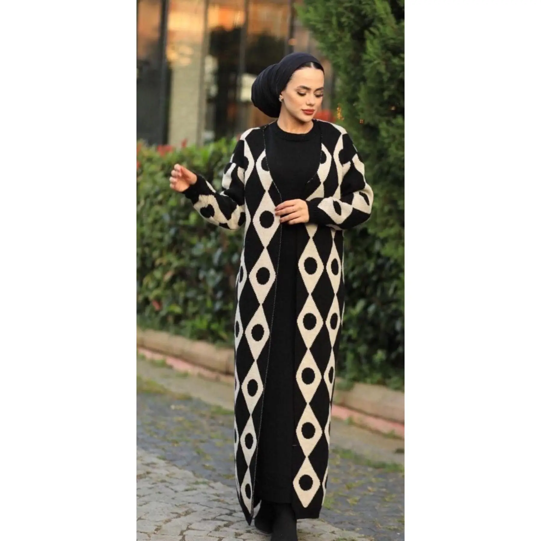 2 Piece Women\'s Set Polkadot Patterned Knitwear Maxi Long Sleeve Dress and Maxi Cardigan Long Sleeve Turkey Muslim Fashion 2021