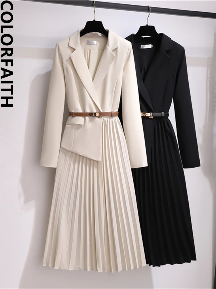 Colorfaith New 2022 Vintage High Waist Korean Fashion Pleated Irregular With Belt Office Women Spring Winter Long Dresses DR9155