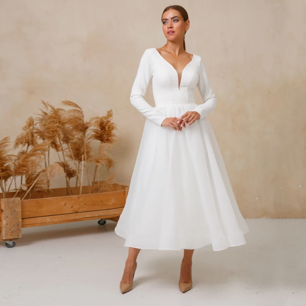 Short Tulle Wedding Dress White Long Sleeve V Neck Tea Length Bridal Gown Simple Button Back Civil Engagement Vestido Novia 2024