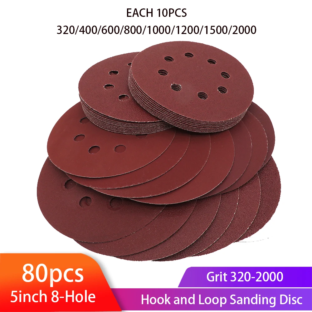 80pcs 125mm 8 Holes sanding Disc Round Red Sandpaper Self-adhesion Hoop and Loop Sand paper Grit 320-2000