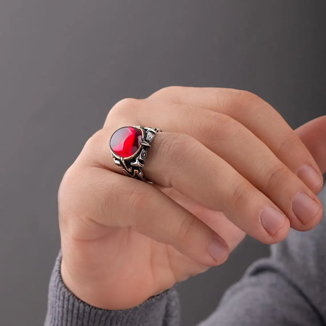 Elegant Design 925 Sterling Silver Oval Plain Model Red Agate Men's Ring Turkish Shield Model Jewelery Gift Him Accessory