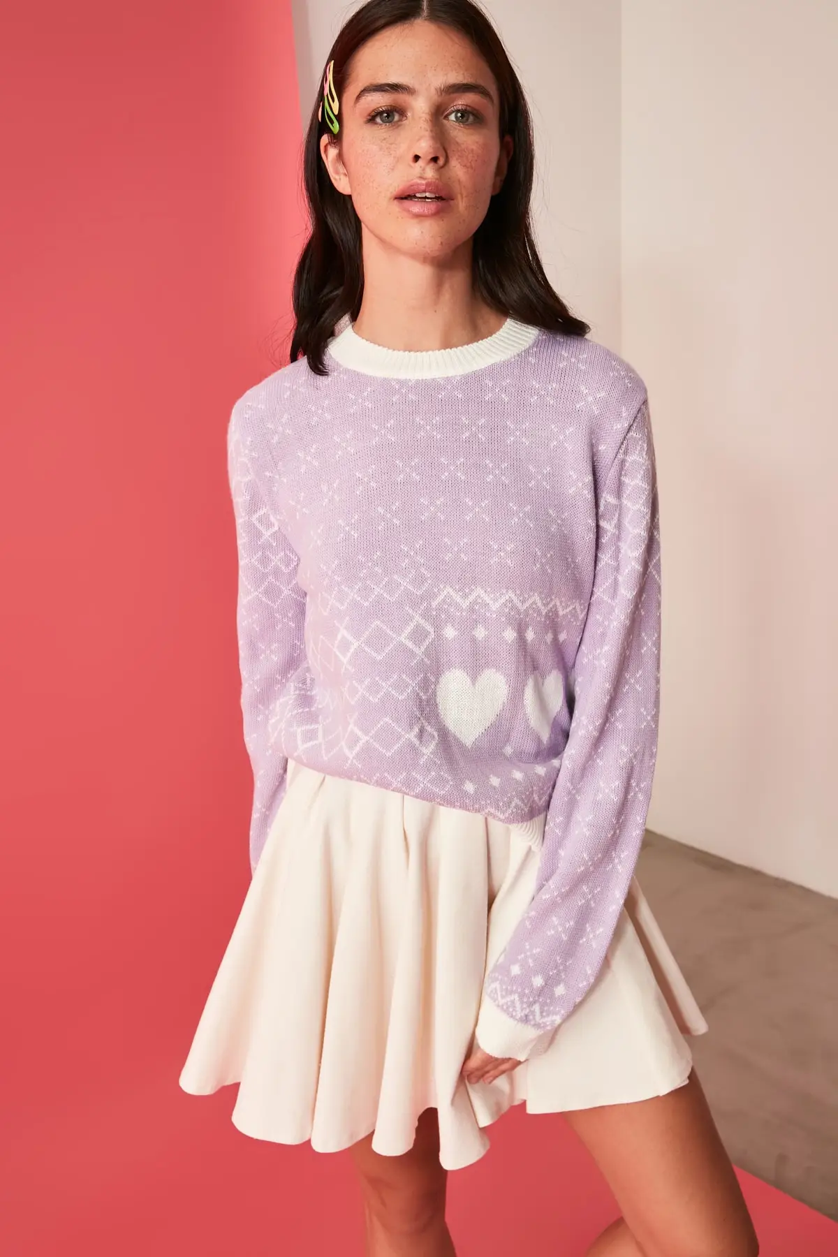 Lilac White Heart Pattern Jacquard Knitwear Sweater