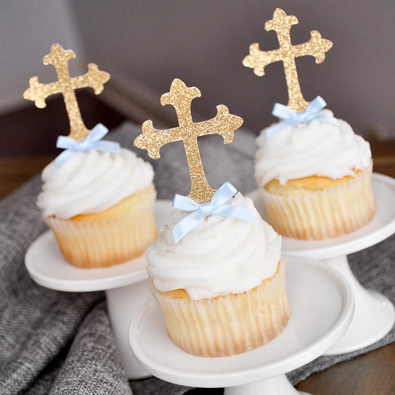 

Baptism Decorations for Boys and Girl Christening Cross Cupcake Toppers Party Supplies