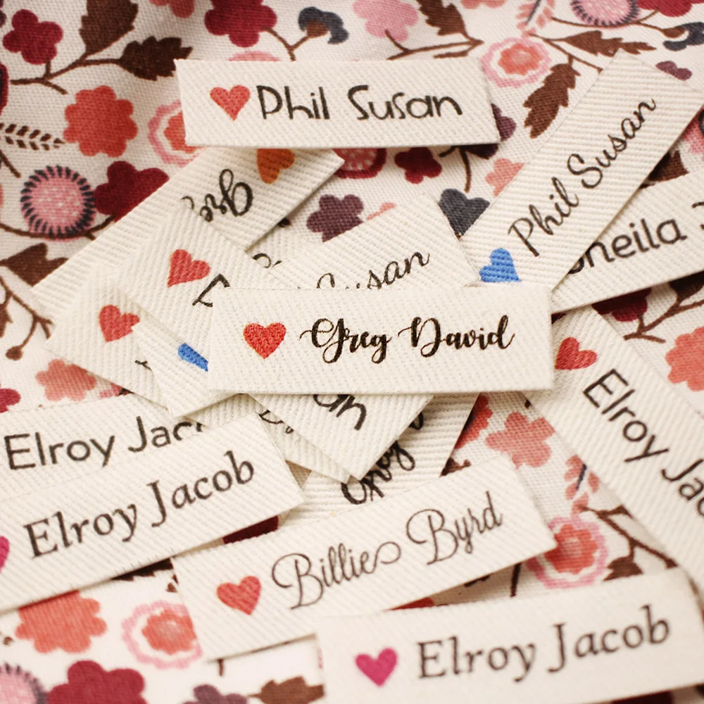 Iron on Name Labels with Logo or Text, Organic Sewing Label, 100% Cotton, 12.5x37.5mm, 64 Piece