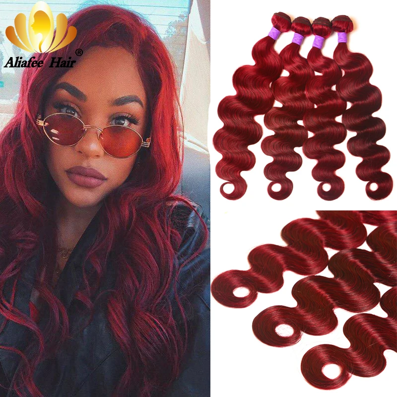 Aliafee Hair Brazilian Body Wave Pre-colored bundle Pack Remy Hair Weave #99 Wine Red Human Hair Extension 4 Bundle Deal