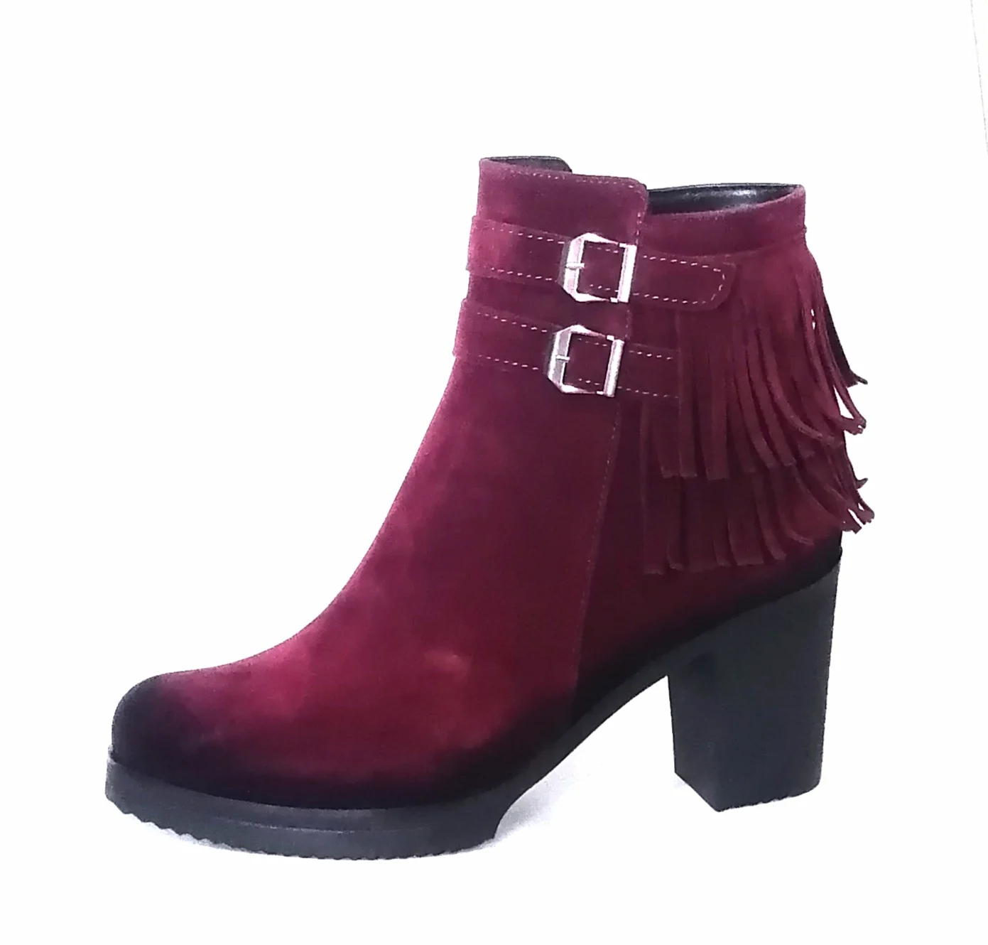 WOMEN DARK RED. SUEDE. FRINGED WINTER BOOTS. RUBBER SOLE. NEW FASHION. LUXURIOUS LOOK. 7.5 CM HEEL 1.5 CM PLATFORM HEIGHT