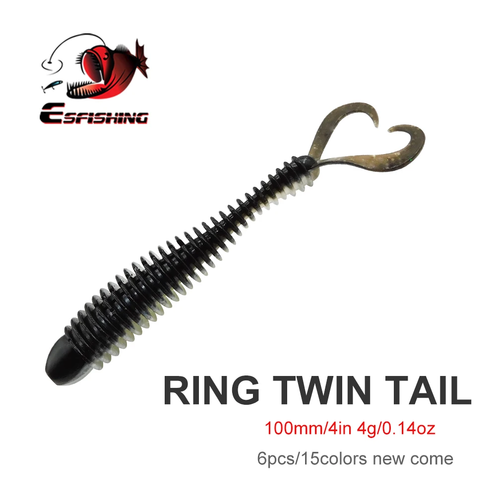 ESFISHING Swing Impact Ring Twin Tail 100mm Scent and Salts Pesca Artificial Silicone Soft Fishing Lure Grub Worm