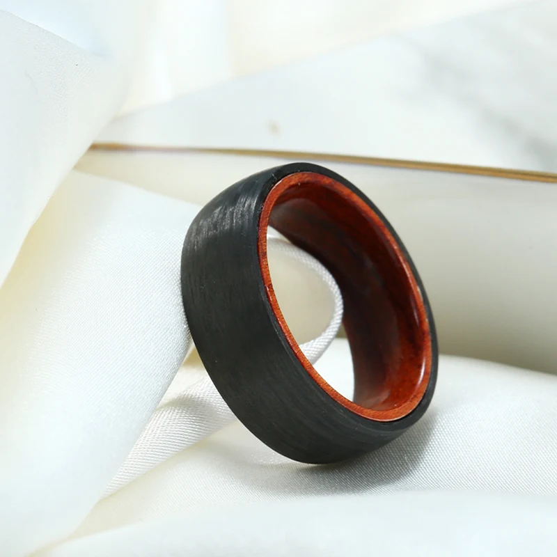 Men\'s 8mm Domed Pure Carbon Fiber Rings Solid Hawaiian KOA Wood Sleeve Wedding Band Comfort Fit