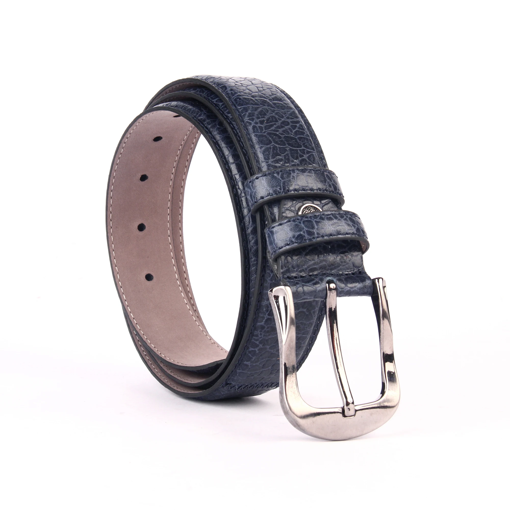 

Handmade Dark Blue Leather Belt, Embossed Patterned Genuine Calfskin Leather, Men's Casual Fashion Accessories Denim Jeans